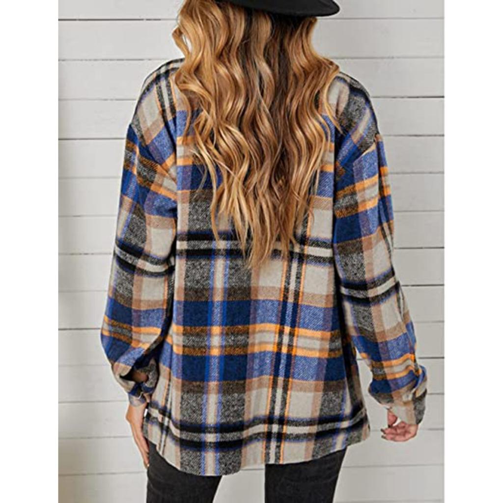 Women's Fall Winter Plaid Wool Blend Shirt Jacket, Long Sleeve Loose Button Down Coat With Pocket, European American Style Casual Outerwear