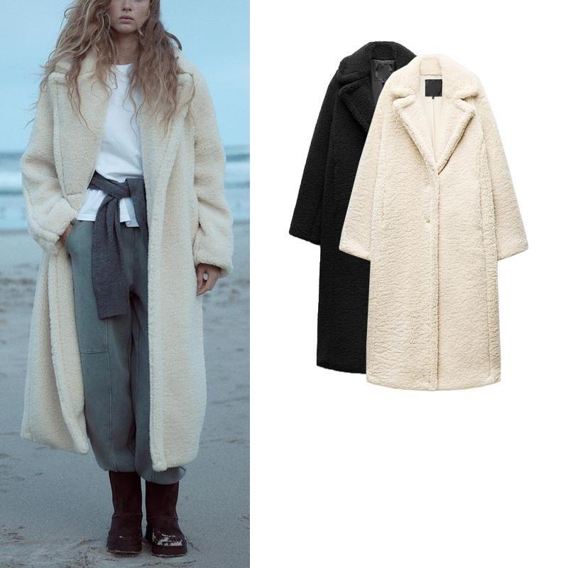 Fall and Winter New Women's Clothing Idle Style Heattech Lapel Long Sleeves Fleece Long Overcoat Outerwear 1255856