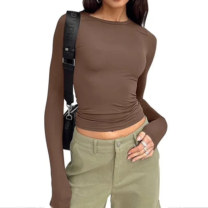 Mode Oansatz Tees Streetwear Tops Frauen Einfarbig Slim Fit Einfache T-shirts Frühling Herbst Casua Langarm T-shirts 30423