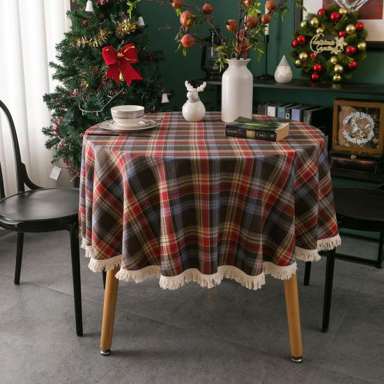 Christmas Round Tablecloth Plaid Tassel Tablecloth Home Party Wedding Thanksgiving Birthday Decoration