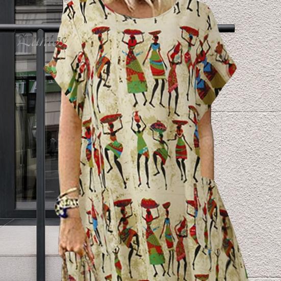Women's Summer Casual Maxi Dress Loose Short Sleeve Crew Neck Long Dress Beach Ethnic Printed Sundresses