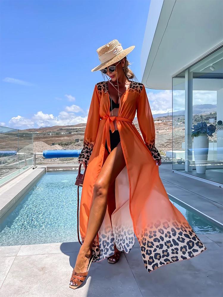 Leopard Print Beachwear Bathing Suit Coverup Plus Size Chiffon Long Sleeve Maxi Dress Open Front Kimono Cardigan Lightweight Tunic Belt Outfit A2705