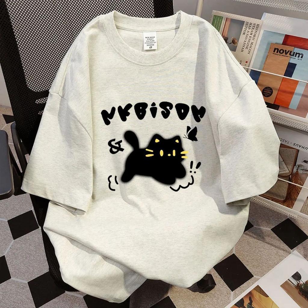 Cotton Cat Print Summer Short-sleeved T-shirt Women's Loose Casual and Thin Versatile Crew Neck Couple Heavy Ins