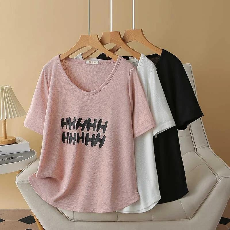 

T-shirt Women Summer Ice Silk Casual Large Size Loose V Neck Pullover Short-sleeved Tops XXXL