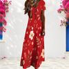 Women Plus Size V Neck Short Sleeve Red Floral Printed Long Straight Dress
