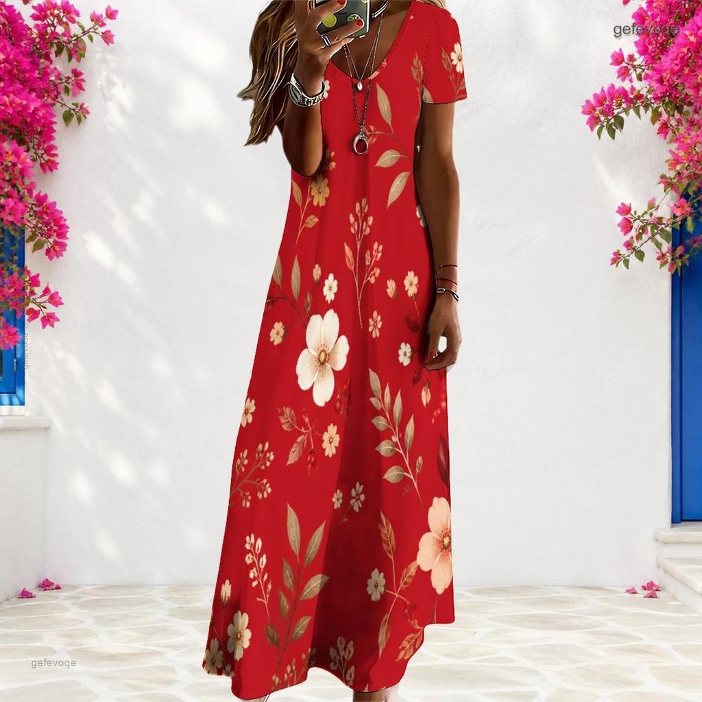 Women Plus Size V Neck Short Sleeve Red Floral Printed Long Straight Dress