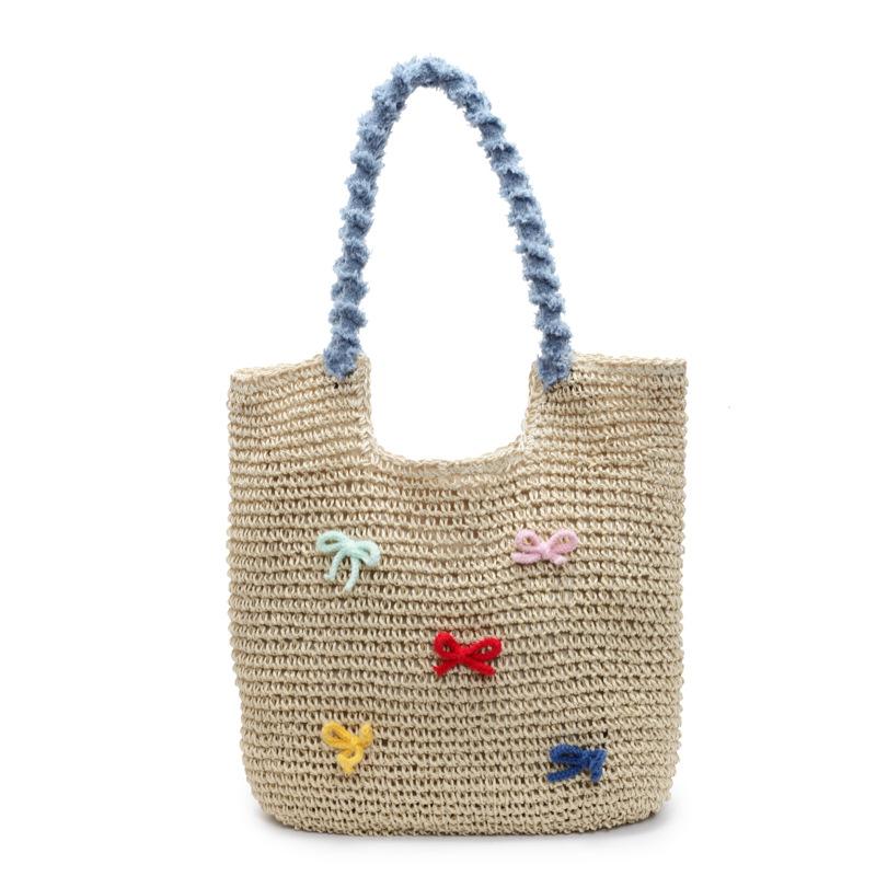 Hand-woven portable basket woven bag cartoon multicolored bow wind shoulder portable tote bag