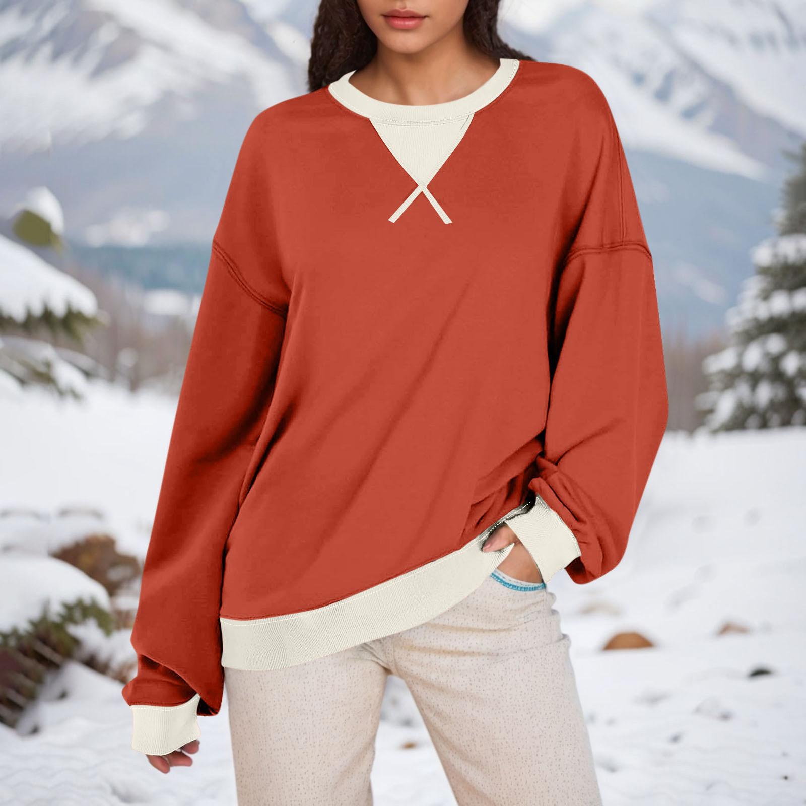 

Женская толстовка большого размера с цветными блоками, толстовки с длинным рукавом, рубашка с круглым вырезом, осенний пуловер, топ, модная одежда XXL оранжевый