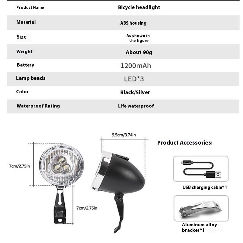 3LED Retro Bicycle Headlight Type-C Charging Vintage Classic Bikes HeadLamp 3 Light Modes Front Light Cycling Accessories