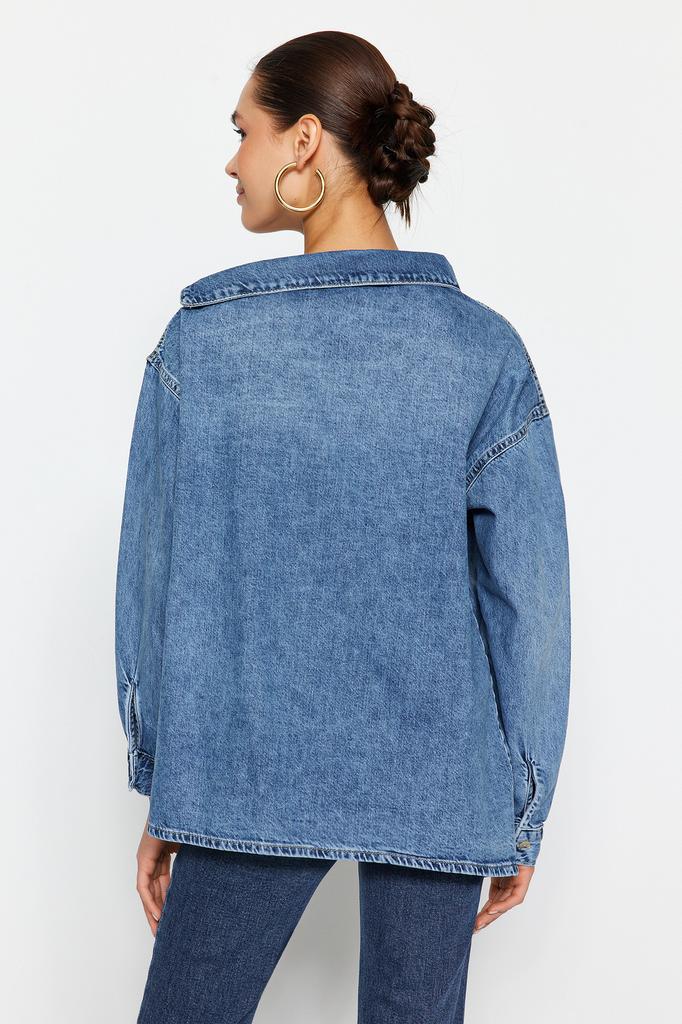 Women's Fashion New Shirt Black Asymmetrical Collar Detailed Denim Shirt