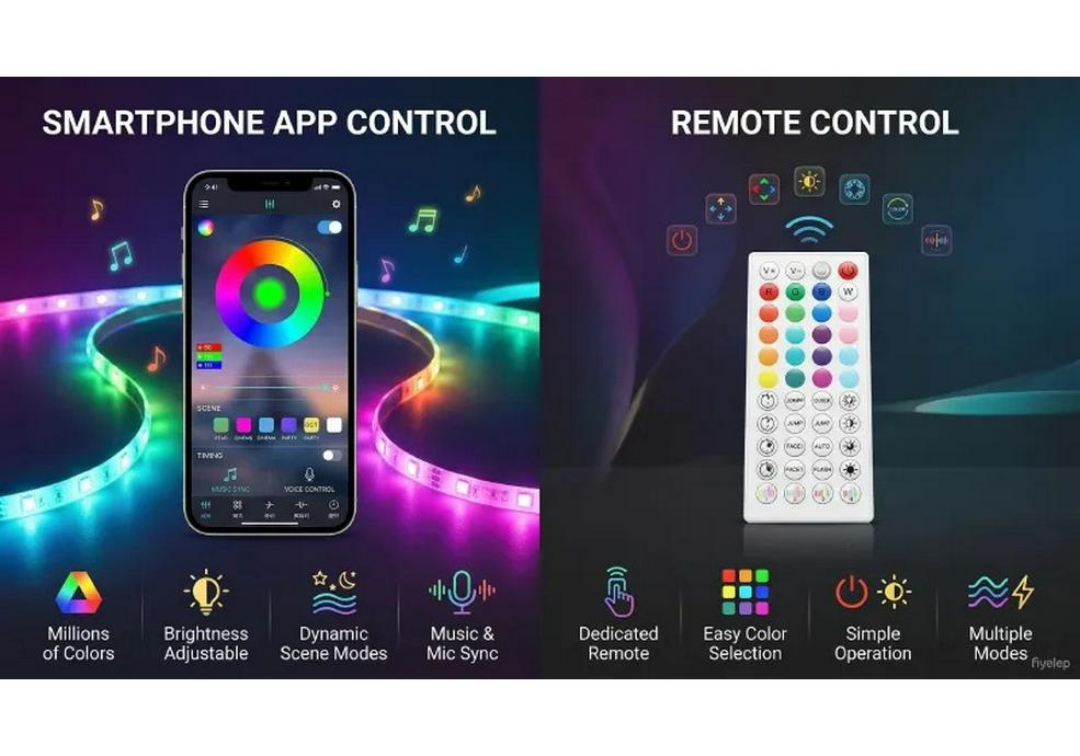 12V RGB Bluetooth 5050 LED Strip Light Set, 44-Key Remote & App Music Sync, Seven-Color Atmosphere Lighting for Bedroom
