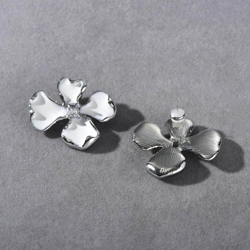 Niche Fashion Copper-Plated Platinum Drop Glaze Flower Inlaid Geometry Square Zircon S925 Silver Needle Stud Earrings Women