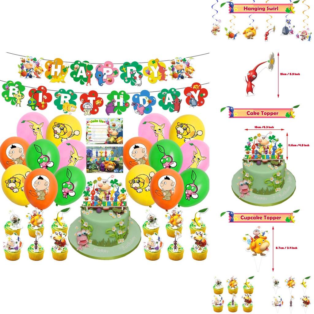Pikmin-4 Birthday Party Set Colorful Balloons Paper Banner Cake Topper And Invitations!
