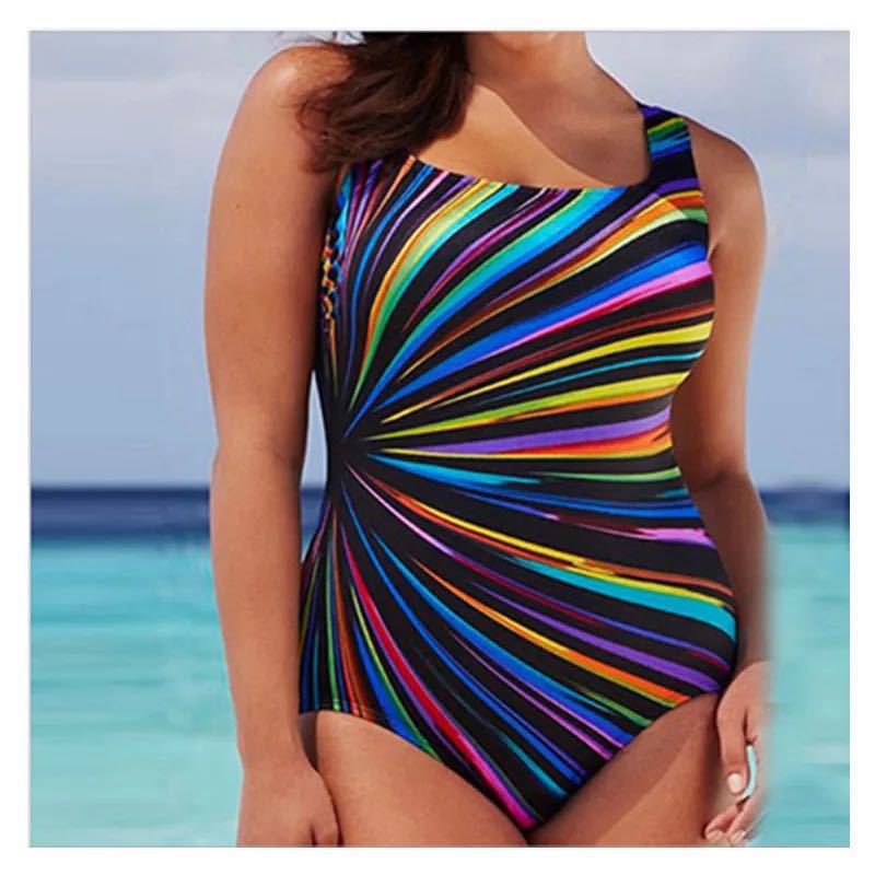 Large size one-piece swimsuit rainbow stripe positioning print tight sexy bikini fat swimsuit L