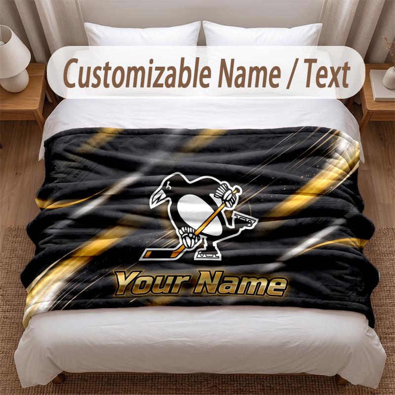 Pittsburgh Penguins Printed Flannel Blanket Custom Name Text Soft Warm Throw For Bedroom Holiday Gift