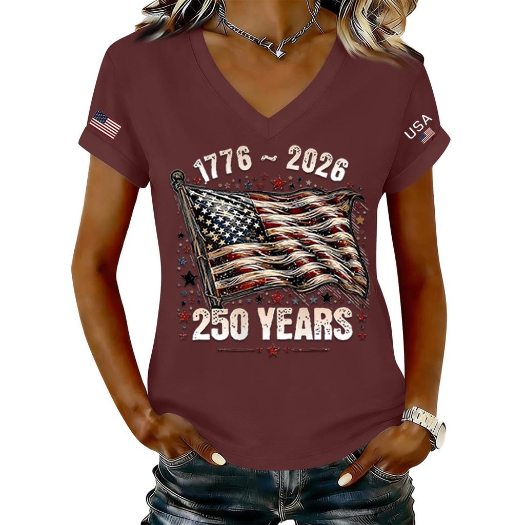 Modisches Damen-T-Shirt mit V-Ausschnitt, lässig, im Retro-Print, kurzärmelig