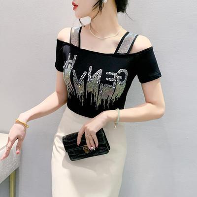 Summer 2024 Rhinestone Double Layer Ice Silk Off-Shoulder Back Blouse
