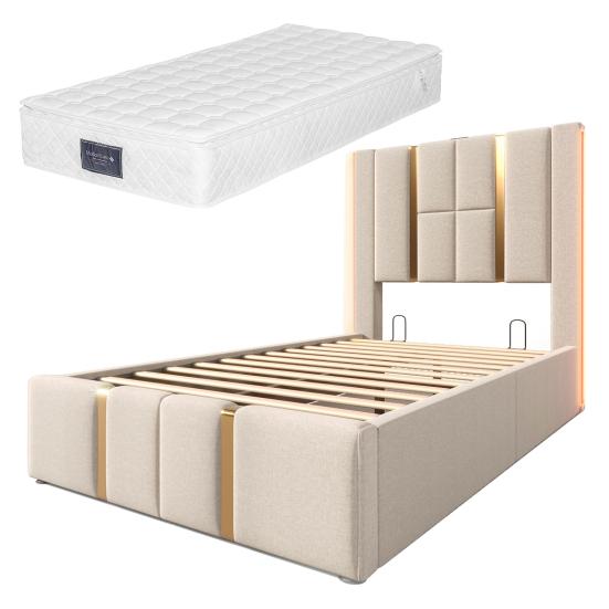 Double Bed Linen Cover Charging Function with Storage Space Mattress Headboard Soft App Control Strong Wood Slat Support Bedroom Furniture LED Light