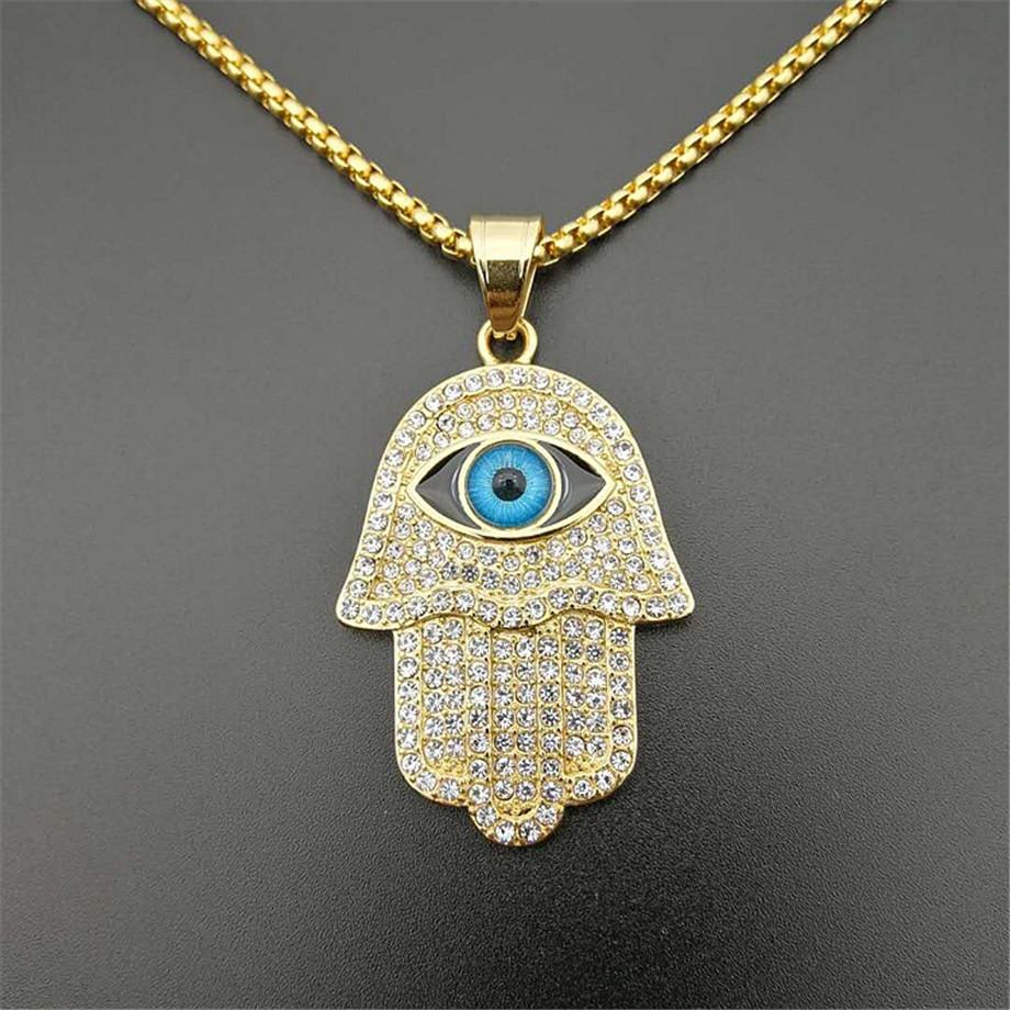 Turkish Evil Eye Hamsa Hand of Fatima Pendant Necklace Gold Color Stainless Steel Iced Out Chain Hip Hop Women/Men Jewelry