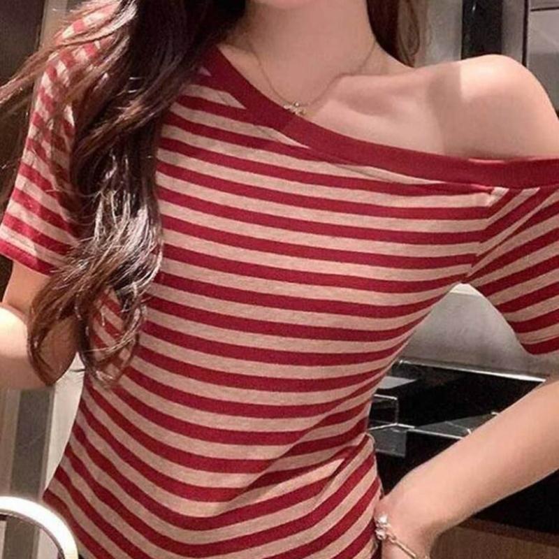 Shop   Women S Off Shoulder STriped ShorT Sleeve T ShirT wdmS wSh TS14472263