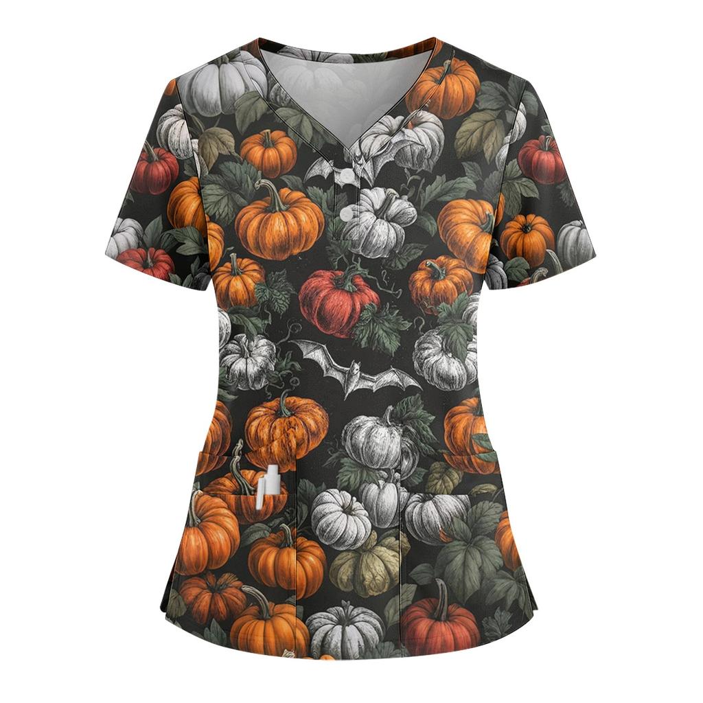 Dámské volné tričko s krátkým rukávem, módním halloweenským potiskem, výstřihem do V, zapínáním na knoflíky a bočním rozparkem
