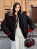 Horns Buckle Big Fur Collar Hooded Cotton-padded Jacket Women's Short Workwear Parkas