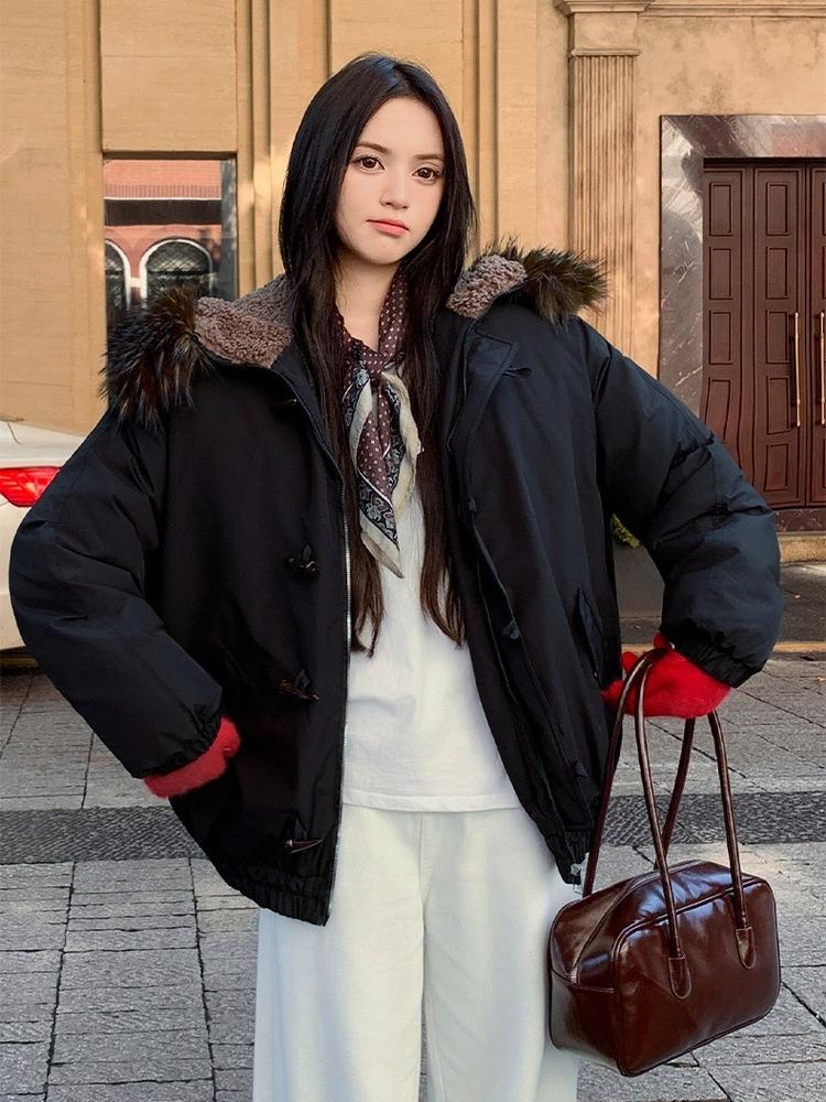 Horns Buckle Big Fur Collar Hooded Cotton-padded Jacket Women's Short Workwear Parkas