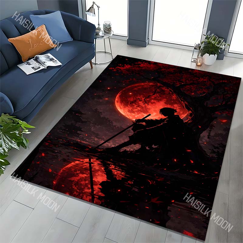 Blood Moon Samurai Silhouette Lakeside Print Carpet for Living Room Bedroom Sofa Home Decor Rus Non-slip Floor Mat Luxury Gift
