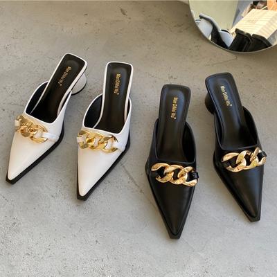 Summer Luxury  Women Black High Heels Slippers Close Toe Block Heels Mules Designer Slip On Loafers Slides Party Shoes