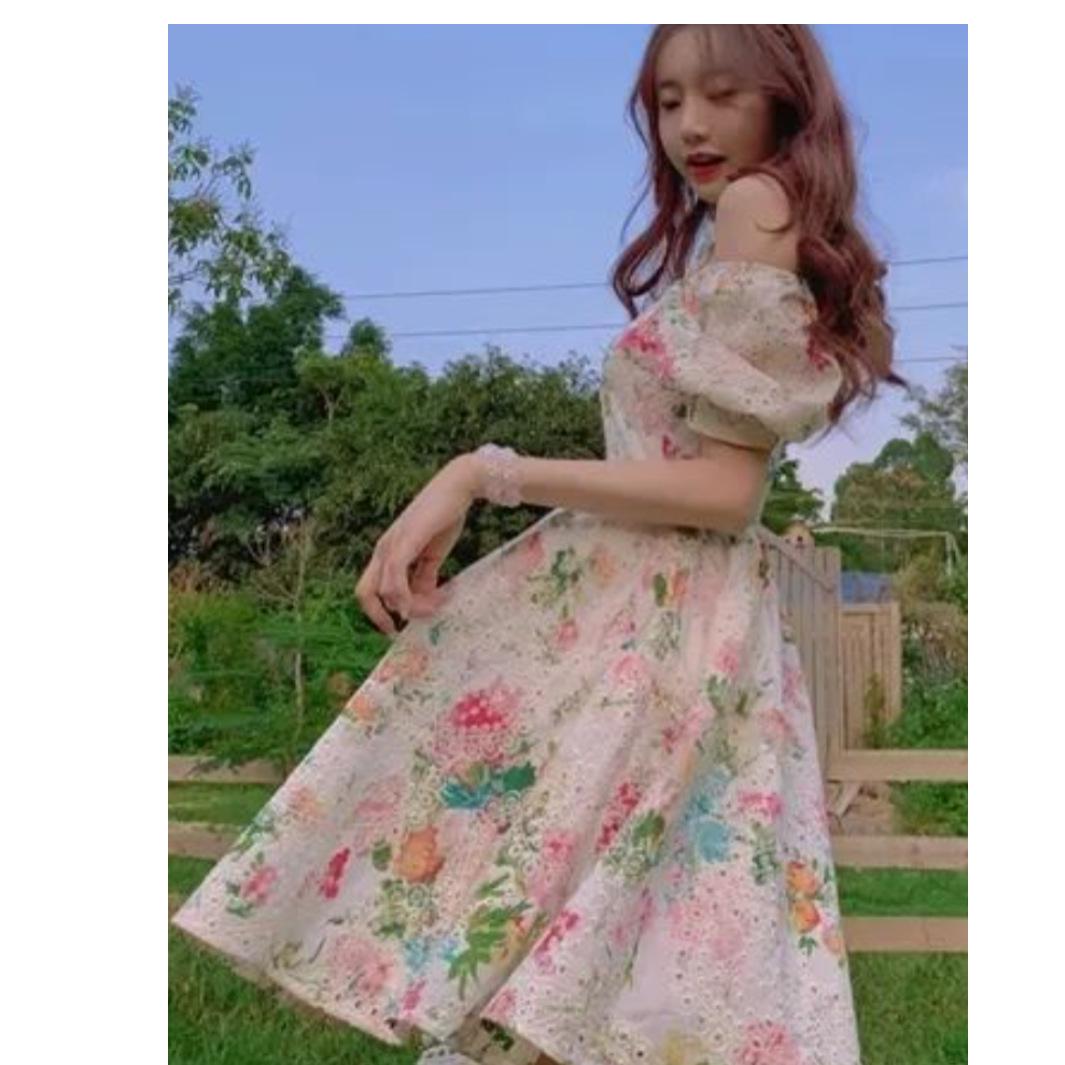 

Puff Sleeve Off-the-Shoulder Floral Dress - French Romantic Vacation Style Summer Fairy Trend Extra Large