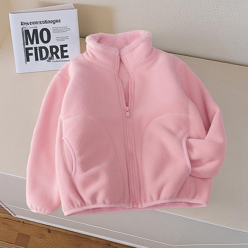 

Новая осенне-зимняя розовая флисовая ветрозащитная куртка для мальчиков и девочек со стойкой, теплая и удобная верхняя одежда 150