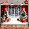 2D Christmas Window Scene Backdrop, Red Curtain & Xmas Tree Photography Background