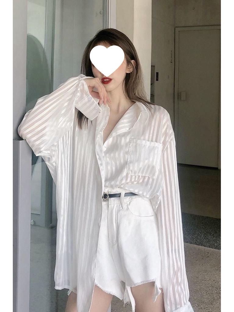 Women's White Striped Long Sleeve Silk Shirt - Loose, Versatile, Sun Protection Jacket for Summer