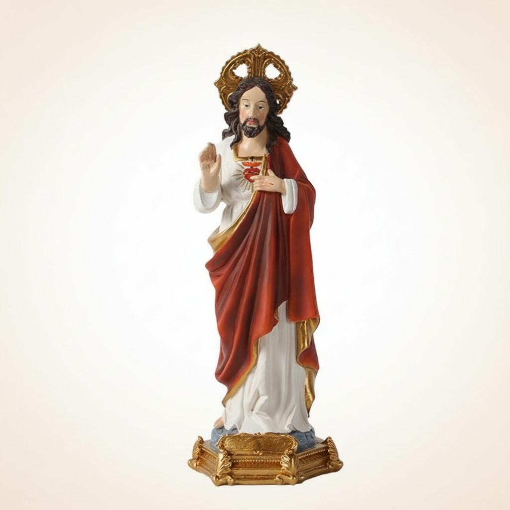 Religious Figurine Detailed with Golden Circlet Classical Resin Statue for Altar, Prayer