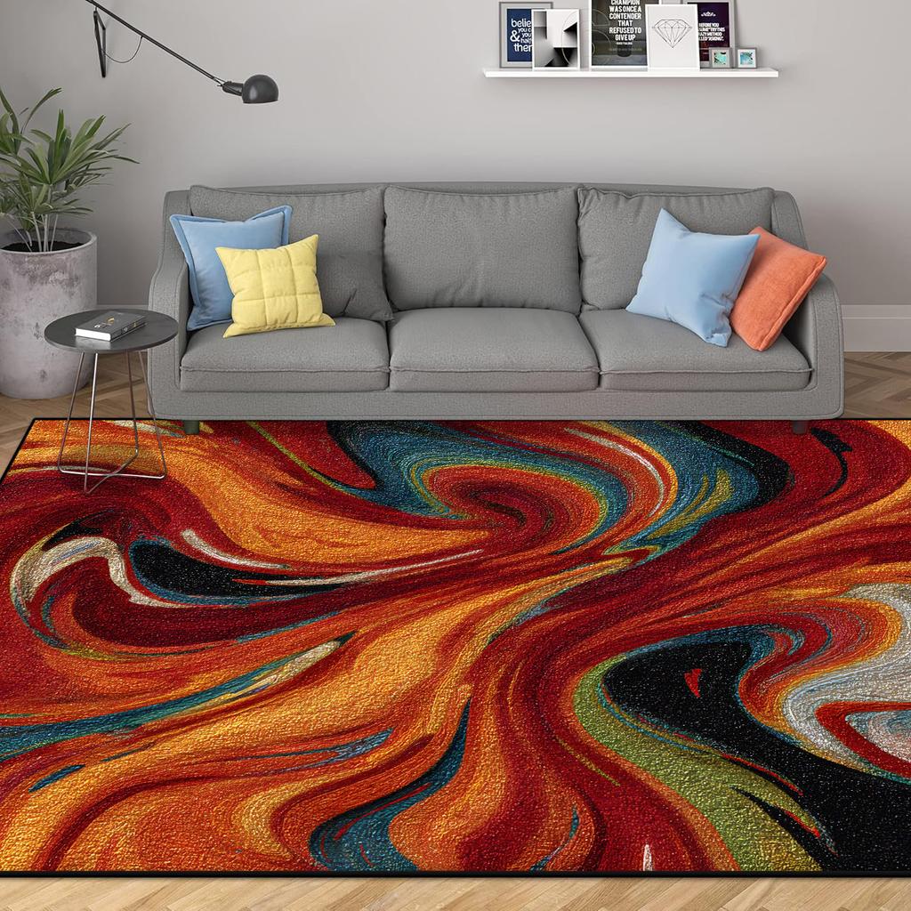 Abstract Modern Geometric Area Rugs Bedroom Living Room Non-slip Floor Mat with Vortex Red Orange Dining Room Carpet Washable