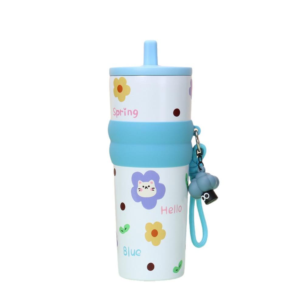 

Cute 710ML Straw Cup Insulation Or Cooling High-Capacity Stainless Steel Cup With Lifting Rope Insulated Cup for Office Workers 601-700ml синий