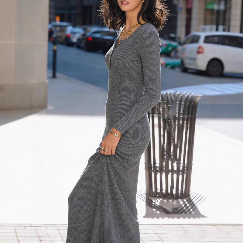 Women's Sexy Gray Slim-fitting Long-sleeved Knitted Dress Autumn Women's New Temperament Dress Long Dress