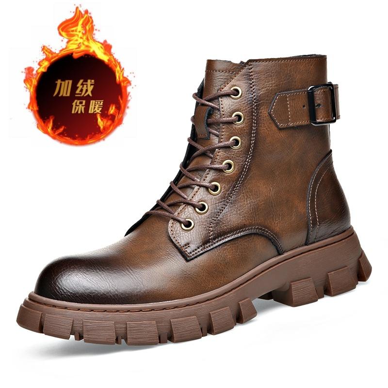 Genuine Leather Men Boots Fashion Casual High-top Boots British Style Short Boots for Men Plush Warm Winter Booties Botas Hombre