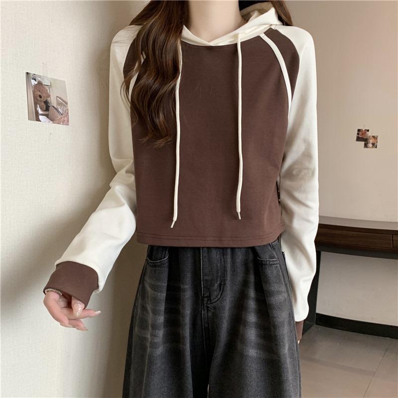 Real shot color matching hooded small short cotton sweater women's thin design long-sleeved top