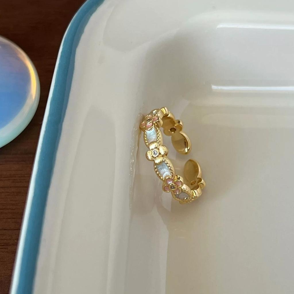 PANJBJ 925 Sterling Silver Golden Flower Rings For Women Drip Glaze Plant Irregular Adjustable Sweet Jewelry Gift Dropshipping