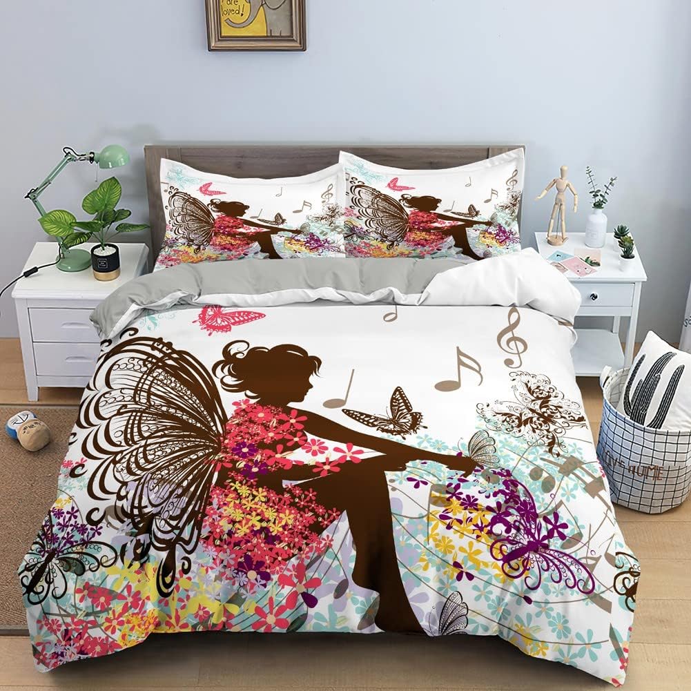Fairy Girl with Wings Bedding Set Garden Fantasy Floral Duvet Cover Flying Butterfly Comforter Cover Colorful Flower Quilt Cover
