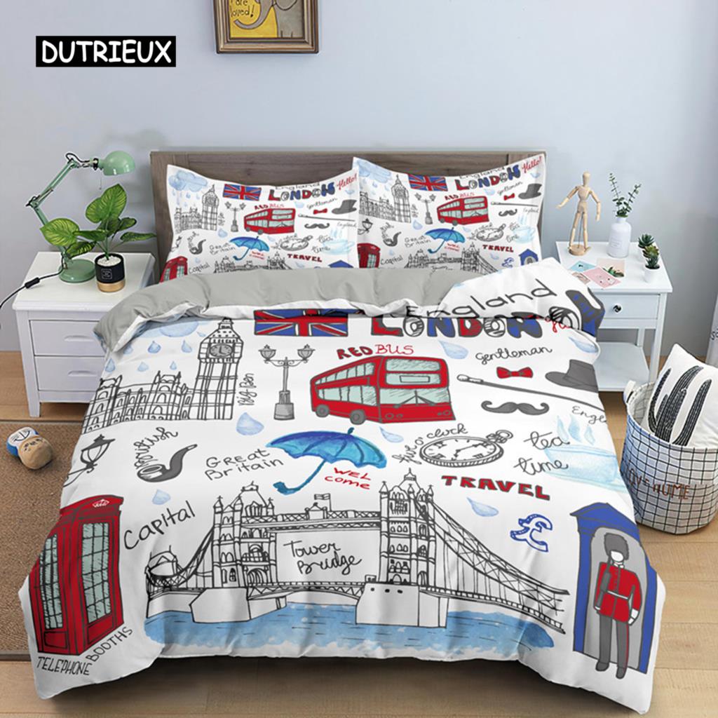 UK London Stil Königin König Bettbezug Britische Elemente Bettwäscheset für Teenager Erwachsene London Bridge Big Ben Polyester Steppdeckenbezug
