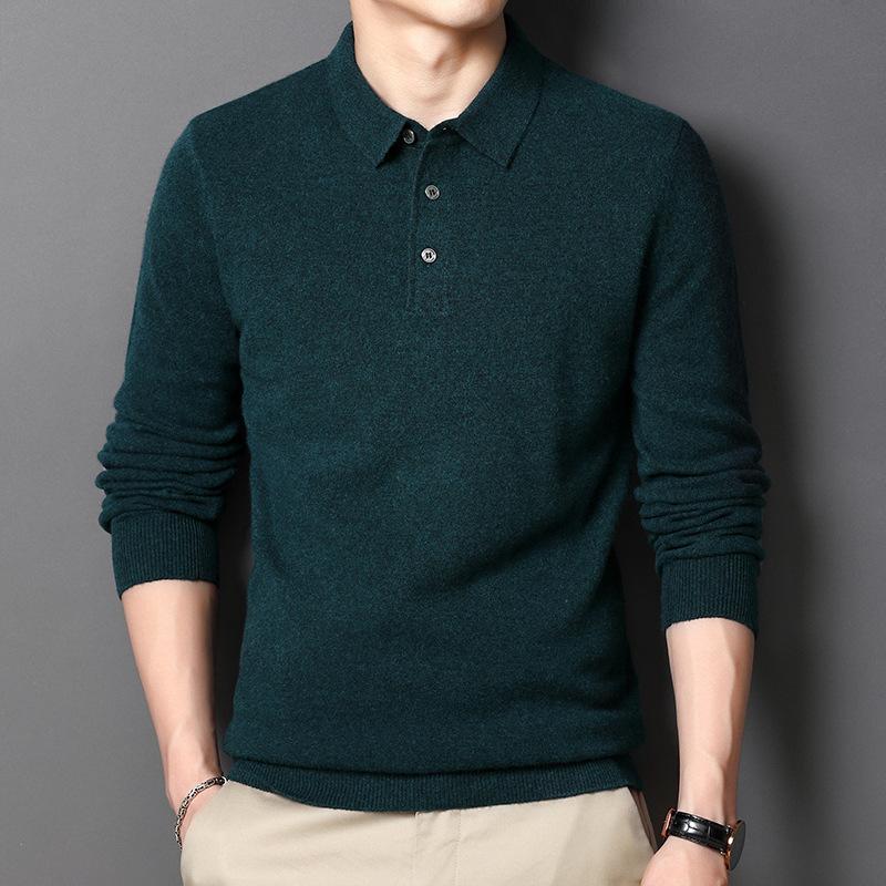 Middle-aged Men's Sweater Shirt Collar Pure Wool Medium Thick Warm Solid Color Pullover Bottoming Shirt Men's Winter Men's Clothing