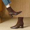 Fashion French Vintage Brown Booties Women Block Heel Fall Winter 2025 New Paneled Stretch Skinny Boots Pointed Toe Pump Shoes