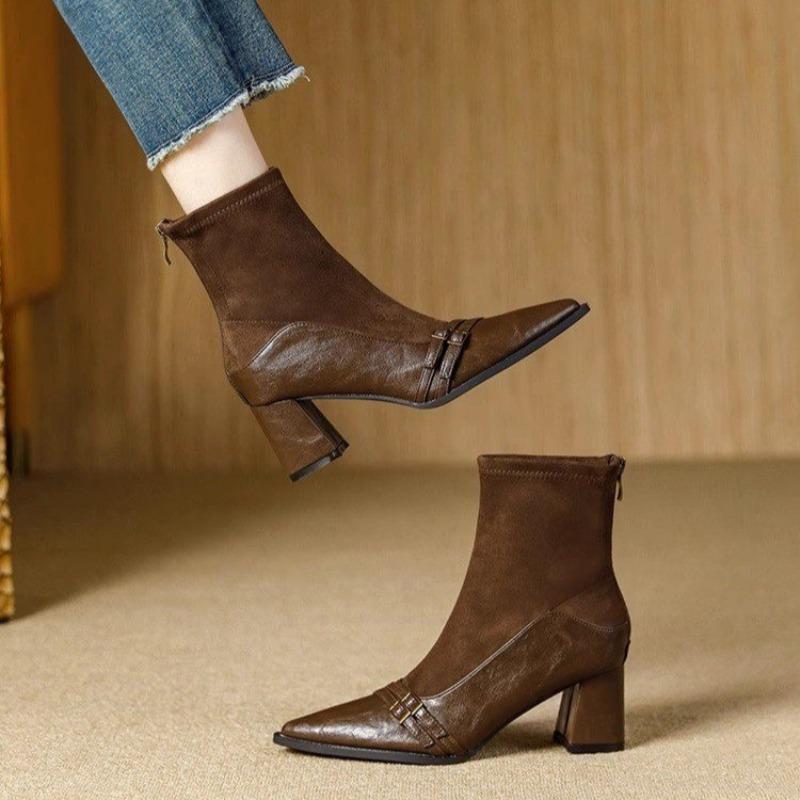 Fashion French Vintage Brown Booties Women Block Heel Fall Winter 2025 New Paneled Stretch Skinny Boots Pointed Toe Pump Shoes