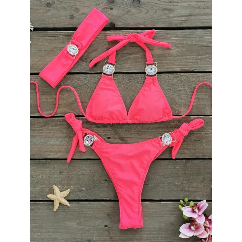 Luksusowy Bikini 2025 Kobiety Neonowy Zielony Gradientowe Dżety Push Up Mikro Kostium Kąpielowy Plażowy Kostium Kąpielowy Diamentowy Pasek 3-częściowy Strój Kąpielowy