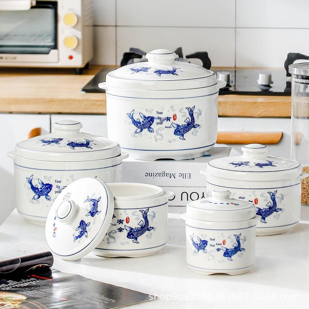 Blue & White Ceramic Double-Boiler Stew Pot with Lid, High Temperature Resistant, Ideal for Bird's Nest Soup and Stews.