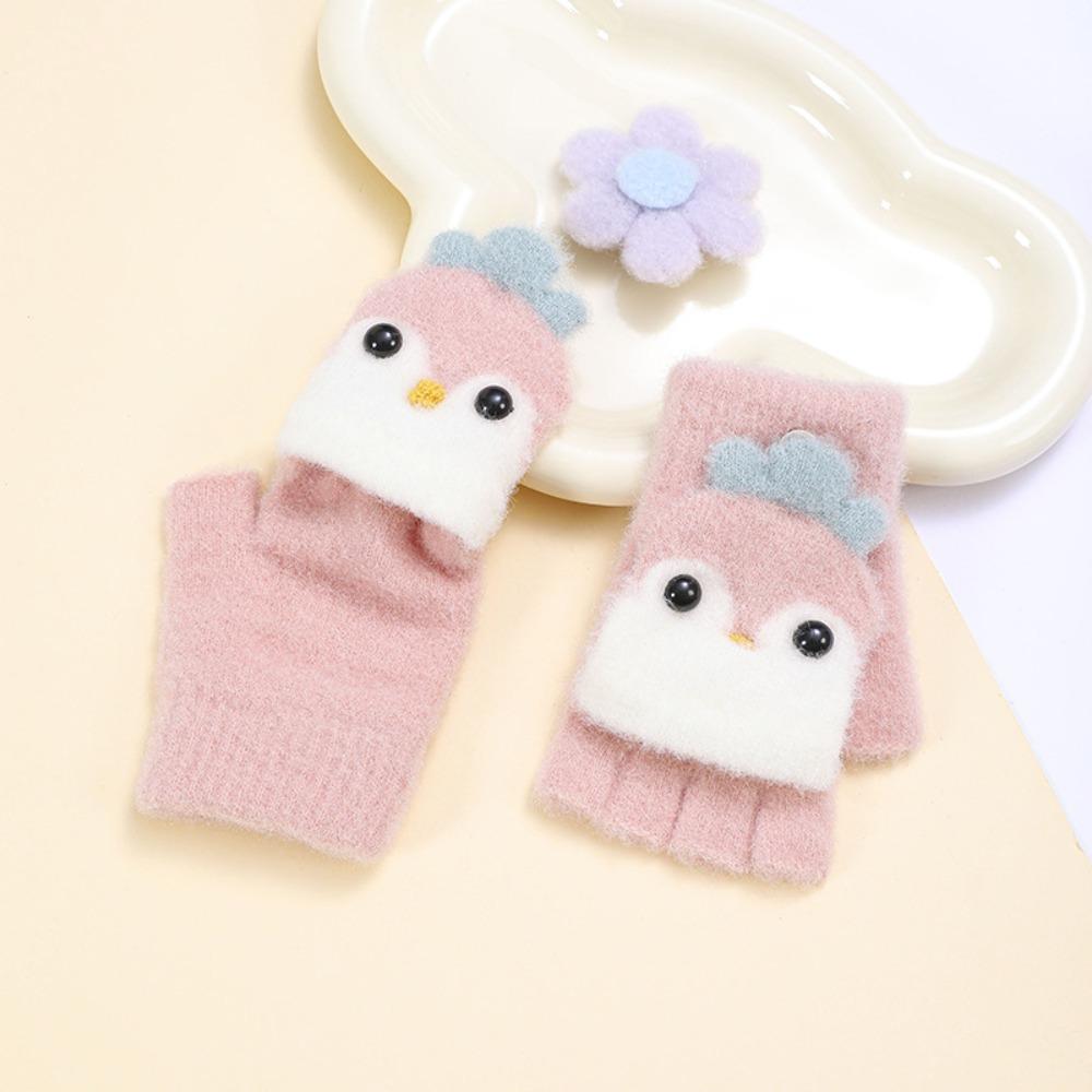 Winter Warm Children's Knitted Gloves Plush Thickened Cold Proof Students Write Outdoor Half Finger Flip Open Convenient Gloves