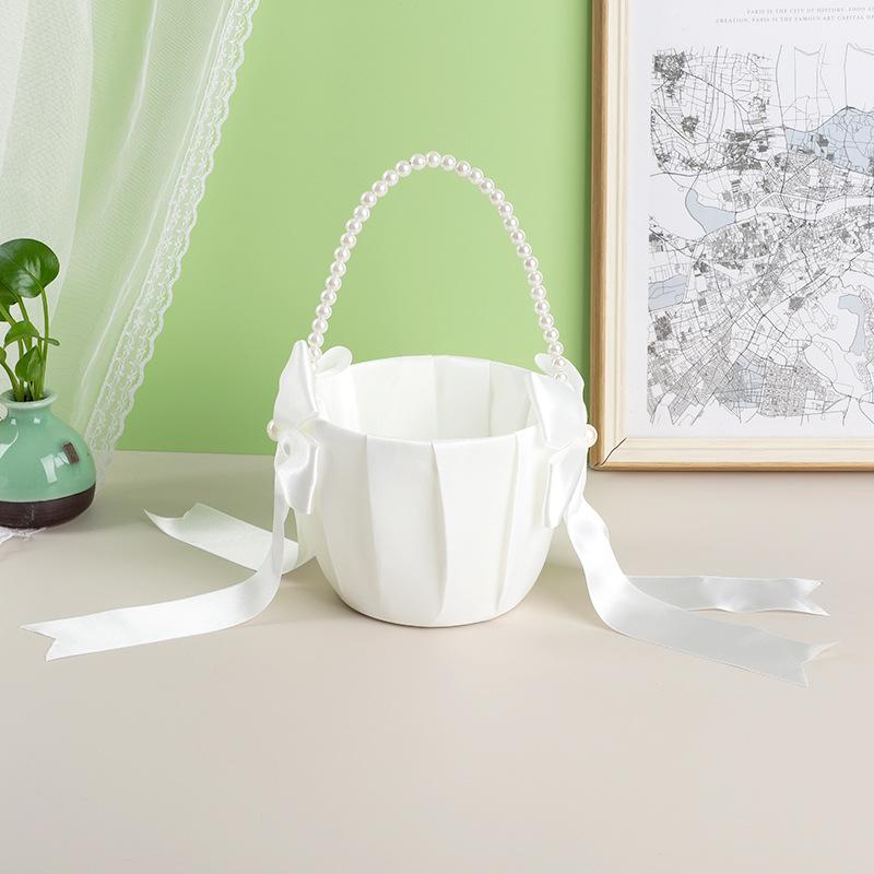 20 Cm White Flower Girls Basket Silk Wedding Basket for Flower Bride/Kids Hand Held Wedding Ceremony Party Decorations