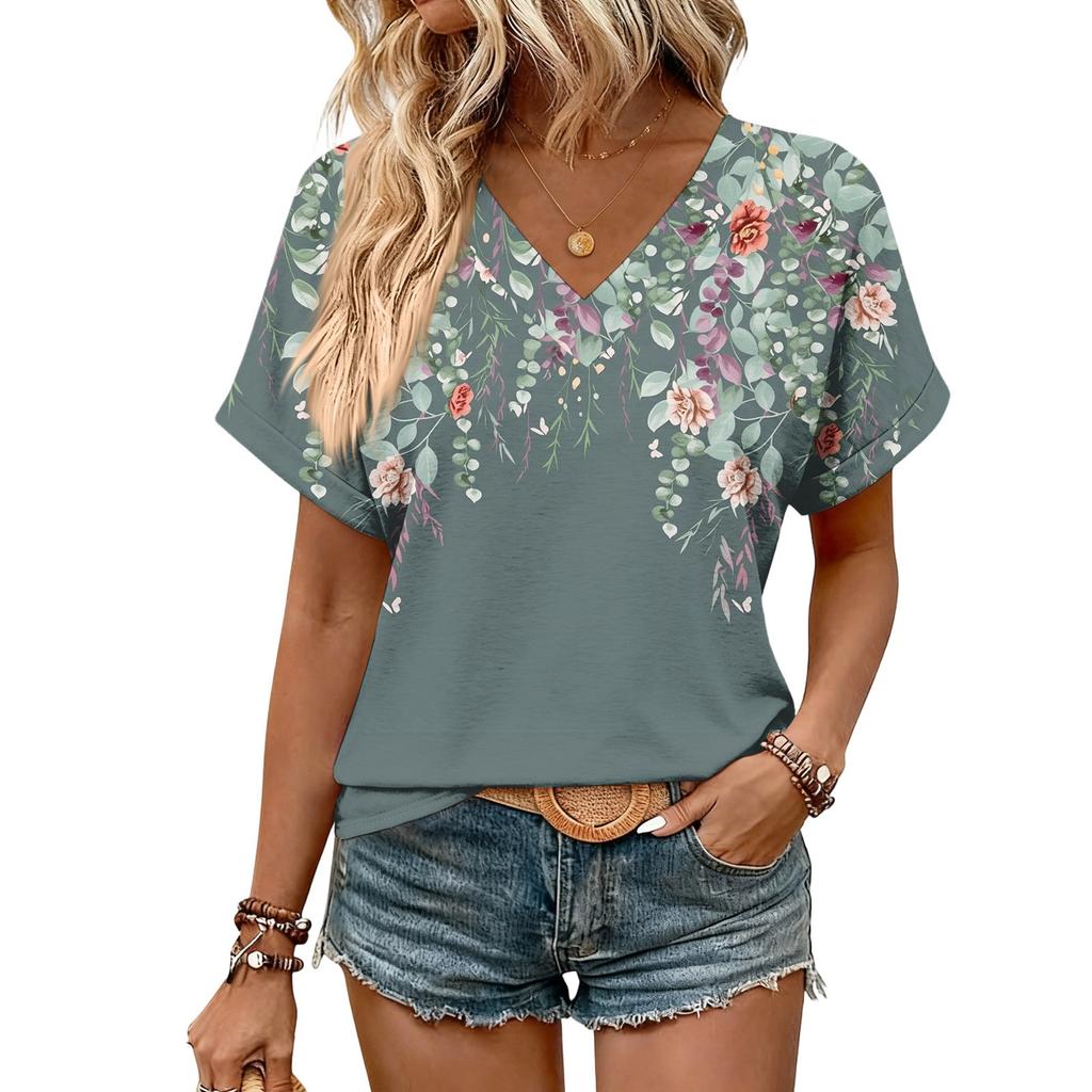 Damen Sommer Oberteile Kurzarm V-Ausschnitt Hemden Lässig Elegant Sommer Blusen Tunika Top